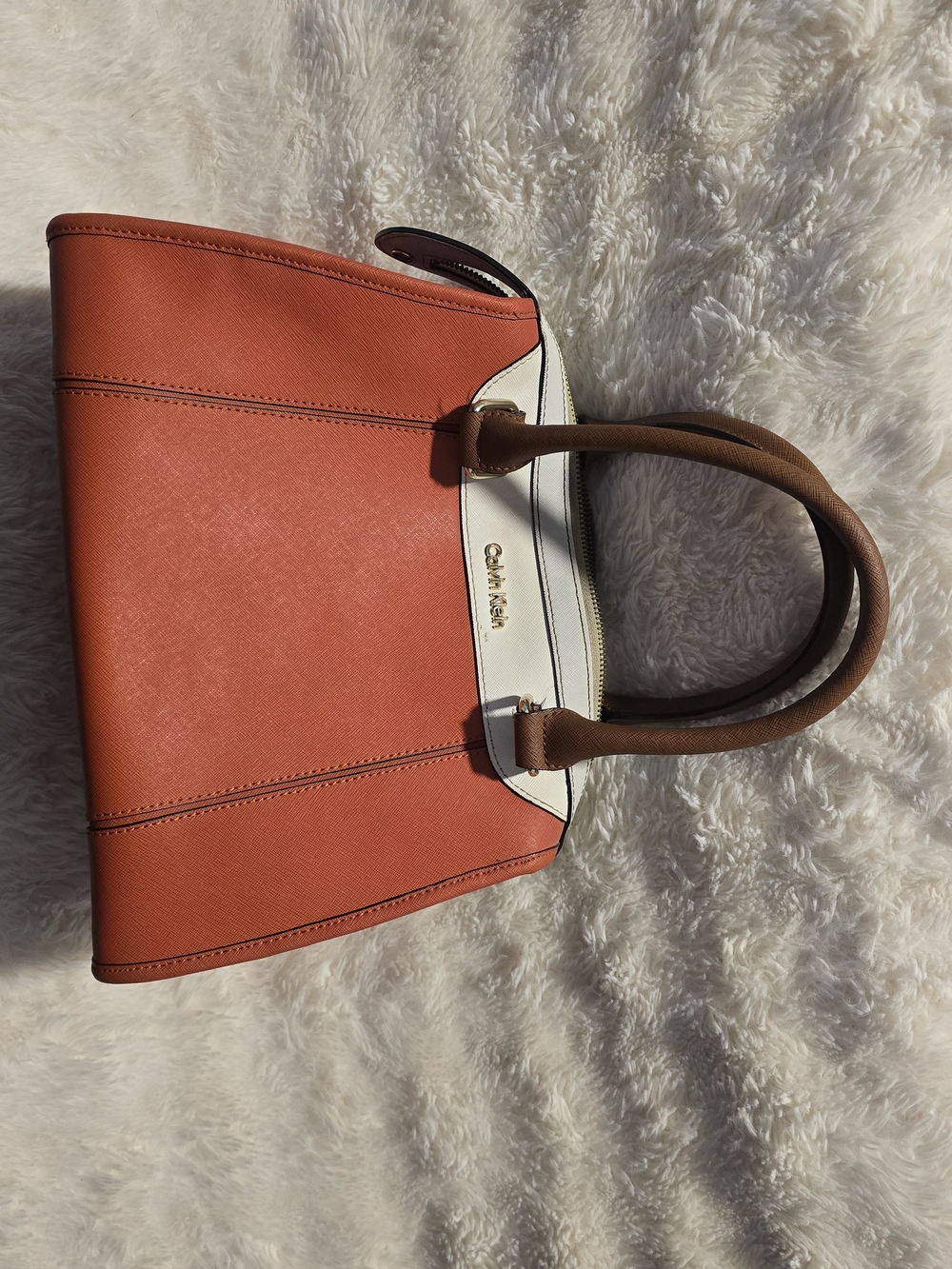 Calvin Klein Orange and White Saffiano Tote Bag